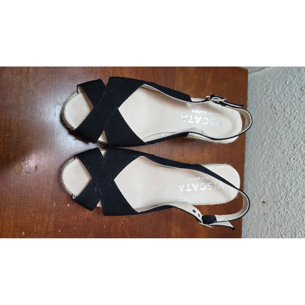 Viscata Barcelona Espadrille Wedge Sandal Womens 39 Black Canvas Slingback Spain